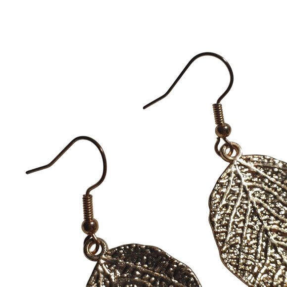 Gold Tone Textured Leaf Dangle Earrings Classic Elegant Design Hook Lightweight - Picture 3 of 5